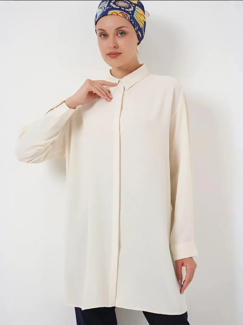 Big Dart Ivory Natural BDART Oversized Long Sleeve Button-Up Blouse with Shirt Collar for Women | Best Price UAE