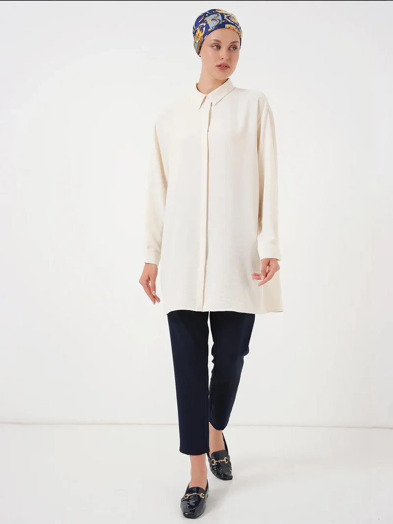 Big Dart Ivory Natural BDART Oversized Long Sleeve Button-Up Blouse with Shirt Collar for Women | Best Price UAE