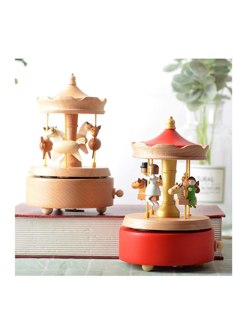 SYOSI Carousel Music Box, Handmade Wooden Merry-Go-Round Horse Musical Box Turn Horse Shaped Wood Crafts Birthday Home Decor(Red) - Image 3