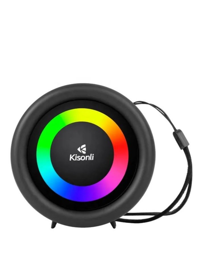 كيسونلي مكبر صوت ميني محمول ستيريو RGB 360° Kisonli S16 بقوة 5 واط، مع ميكروفون مدمج، يدعم TF-AUX-USB-FM - أسود - Image 2