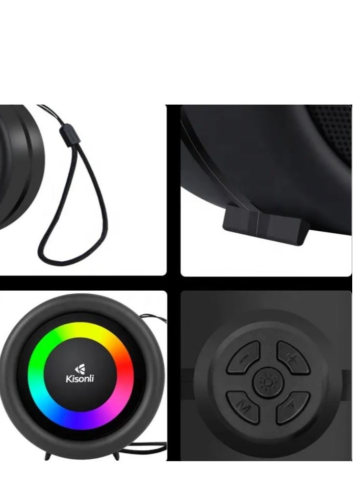 كيسونلي مكبر صوت ميني محمول ستيريو RGB 360° Kisonli S16 بقوة 5 واط، مع ميكروفون مدمج، يدعم TF-AUX-USB-FM - أسود - Image 3