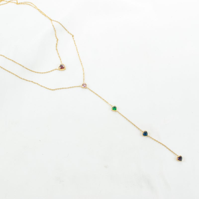 سلسلة أستانليس ستيل ذهبي 2 دور شكل قلب زيركون متعدد الألوان