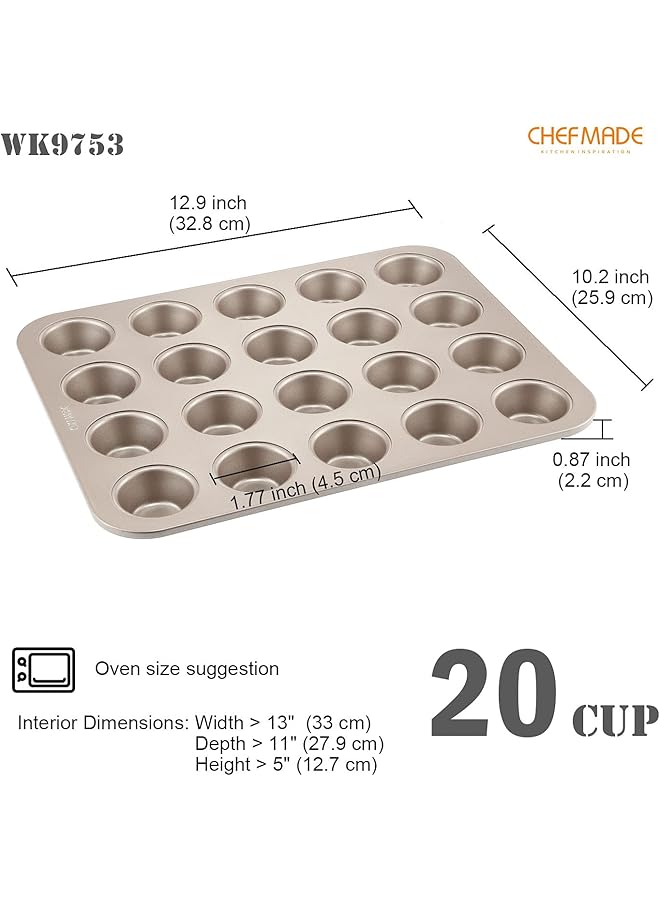 شيف ميد صينية مافن صغيرة، 20 تجويف غير لاصقة، صينية كب كيك صغيرة للخبز في الفرن (لون الشمبانيا الذهبي) - Image 2