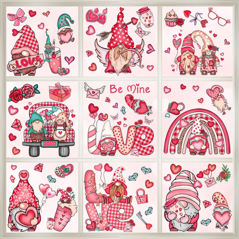 JUNEBRUSHS 9 Sheets Valentine's Day Window Clings Gnomes Love Rose Pink Window Decals Non-Adhesive Electrostatic Valentines Window Clings for Home School Office Decoration Wedding Anniversary Party - Image 1