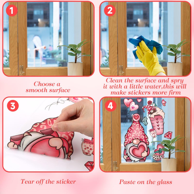 JUNEBRUSHS 9 Sheets Valentine's Day Window Clings Gnomes Love Rose Pink Window Decals Non-Adhesive Electrostatic Valentines Window Clings for Home School Office Decoration Wedding Anniversary Party - Image 4