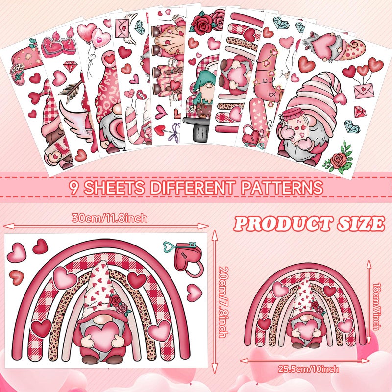 JUNEBRUSHS 9 Sheets Valentine's Day Window Clings Gnomes Love Rose Pink Window Decals Non-Adhesive Electrostatic Valentines Window Clings for Home School Office Decoration Wedding Anniversary Party - Image 2