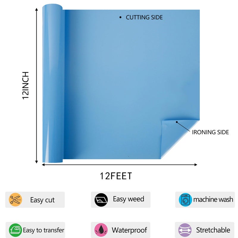 HTVVETUR HTV Iron on Vinyl 12Inch by 12ft Roll Heat Transfer Vinyl for T-Shirt HTV Vinyl Rolls for All Cutter Machine - Easy to Cut & Weed for Heat Transfer Design (12ft, Sky Blue) - Image 2