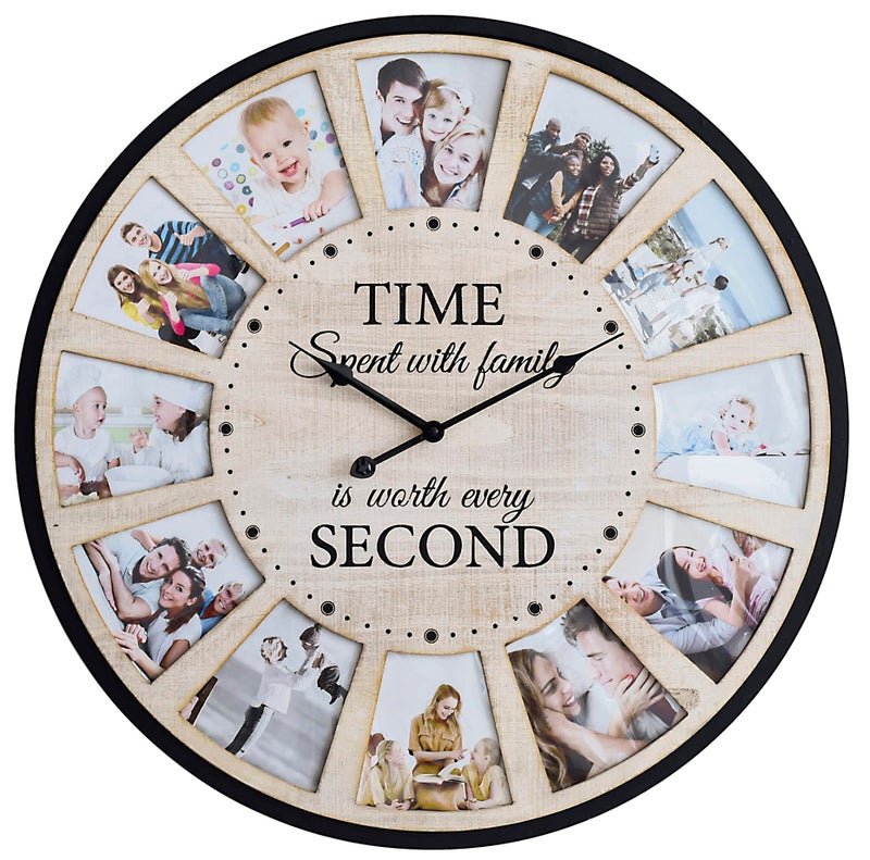 JUMBO HUMBLE 12 Photo Collage Rustic Wood Farmhouse Wall Clock Large Family Picture Wall Clock for Living Room Home Kitchen Silent Battery Powered 24 Inch Natural