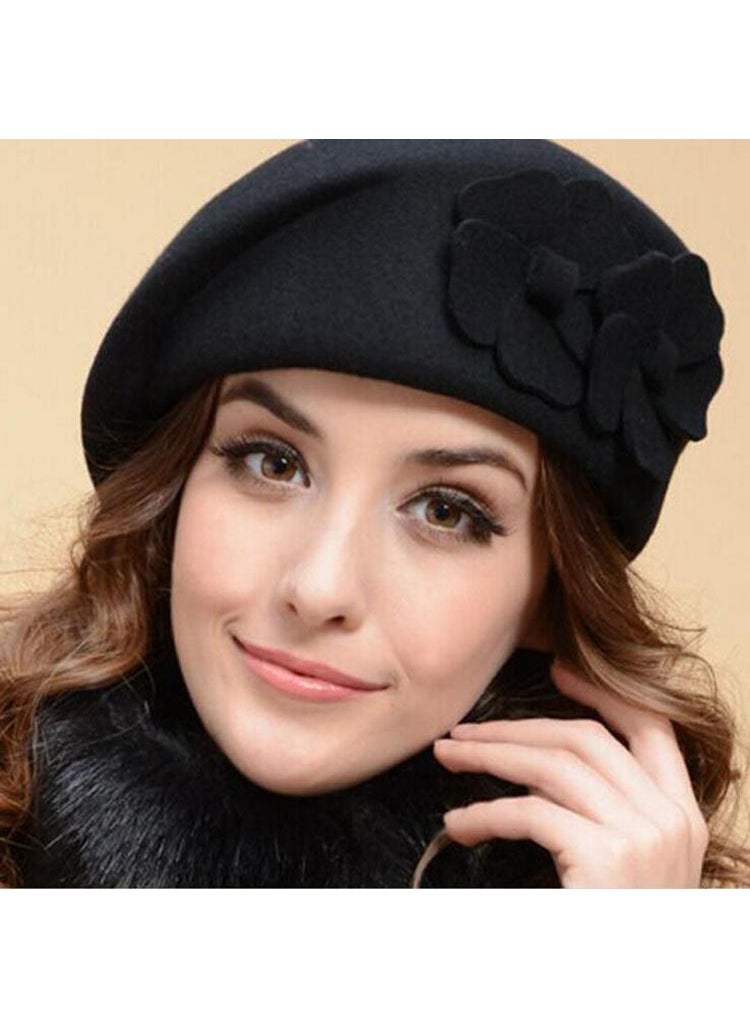 Generic - New Korean Wool Beret Double Flower Winter Hat Black - Image 1