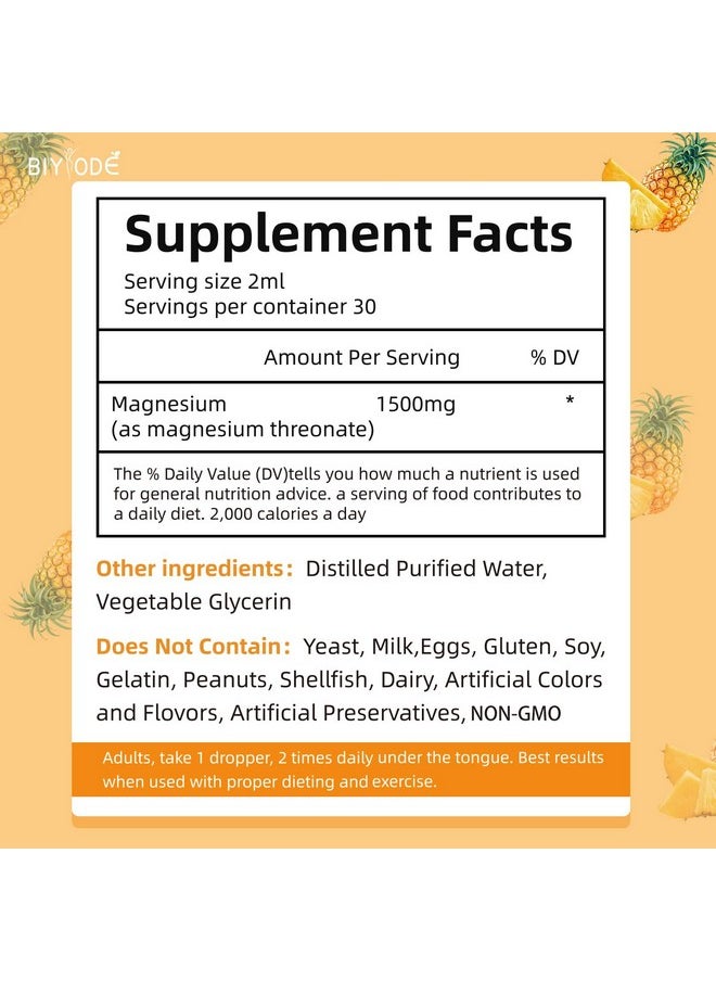 BIYODE - Magnesium L-Threonate Liquid Drops Restore Health Magnesium Levels Support Cardiovascular Promote Restful Sleep Stress Management 60ml Net Wt Pineapple Flavor - Image 1