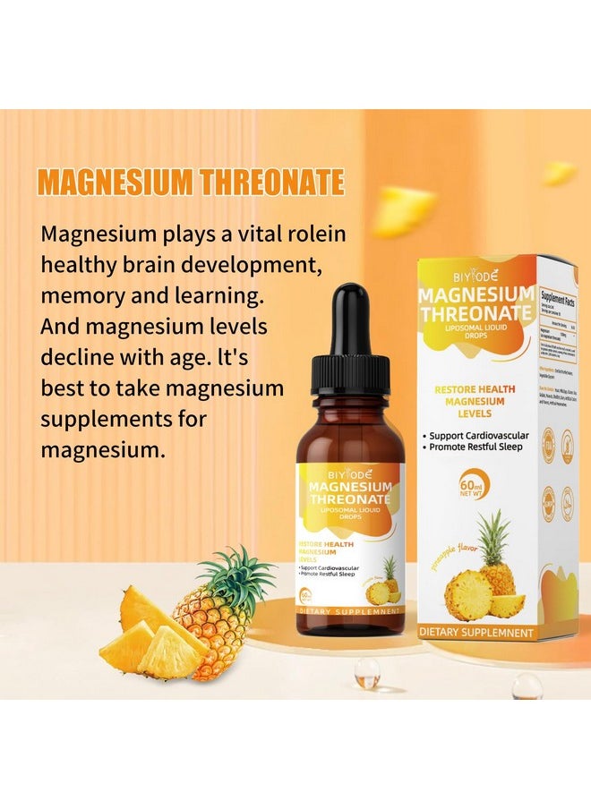BIYODE - Magnesium L-Threonate Liquid Drops Restore Health Magnesium Levels Support Cardiovascular Promote Restful Sleep Stress Management 60ml Net Wt Pineapple Flavor - Image 1