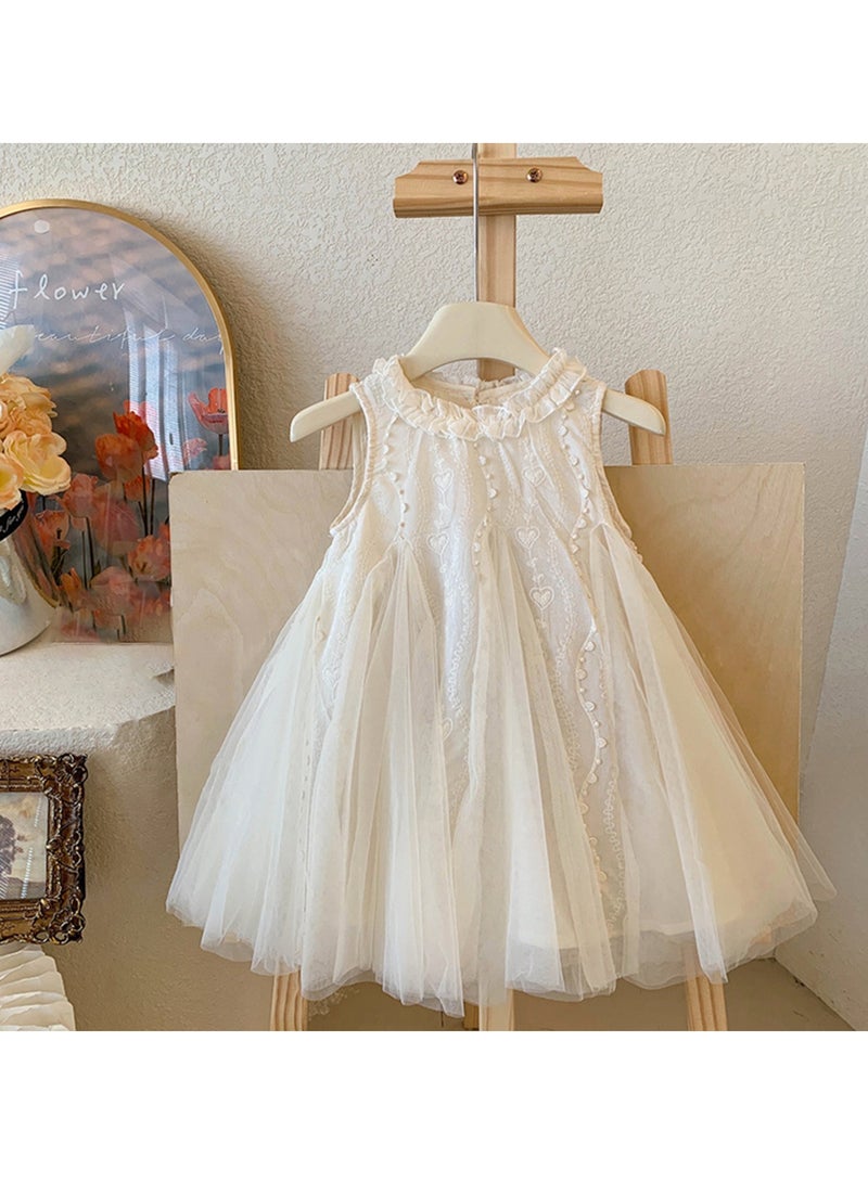 Baby Girl Birthday Party Dress, 1-2 Years, White Lace Sleeveless Princess Dress with Tulle Skirt, Elegant Summer Toddler Outfit, Special Occasion Dress for 90cm Height - Image 2