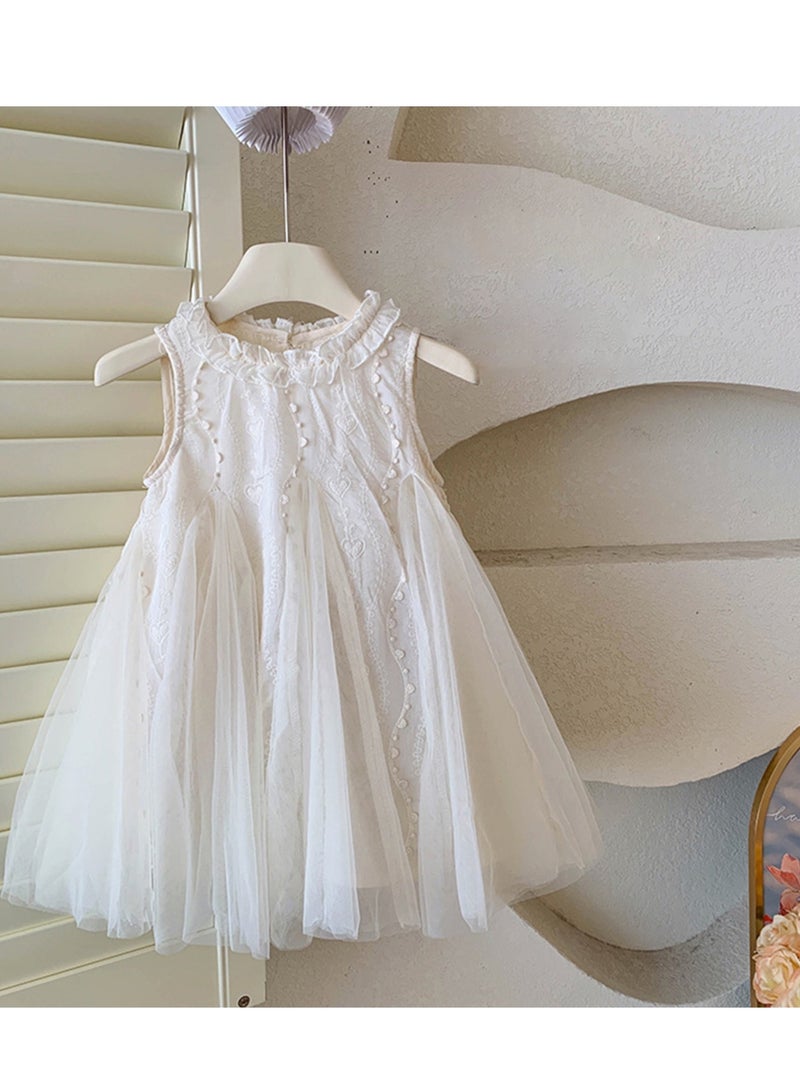 Baby Girl Birthday Party Dress, 1-2 Years, White Lace Sleeveless Princess Dress with Tulle Skirt, Elegant Summer Toddler Outfit, Special Occasion Dress for 90cm Height - Image 3