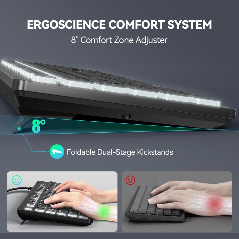 TECKNET كيبورد TECKNET سلكي، لوحة مفاتيح USB صامتة للمكتب، مقاومة للانسكاب، تصميم غشاء كامل الحجم نحيف، التوصيل والتشغيل لأجهزة الكمبيوتر/اللابتوب/ماك - بإضاءة خلفية RGB - Image 5