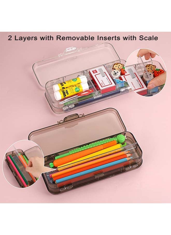 Generic - BTSKY 4 Pack Double Deck Pencils Box Clear Plastic Stationery Box with 4 Removable Ruler Dividing Spacers Multi-grid Home Utility Box with 6 Compartments for Pencils Erasers Clips, Clear Black - Image 1