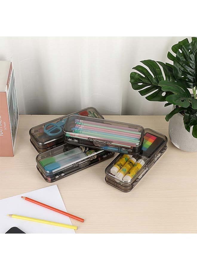 Generic - BTSKY 4 Pack Double Deck Pencils Box Clear Plastic Stationery Box with 4 Removable Ruler Dividing Spacers Multi-grid Home Utility Box with 6 Compartments for Pencils Erasers Clips, Clear Black - Image 1