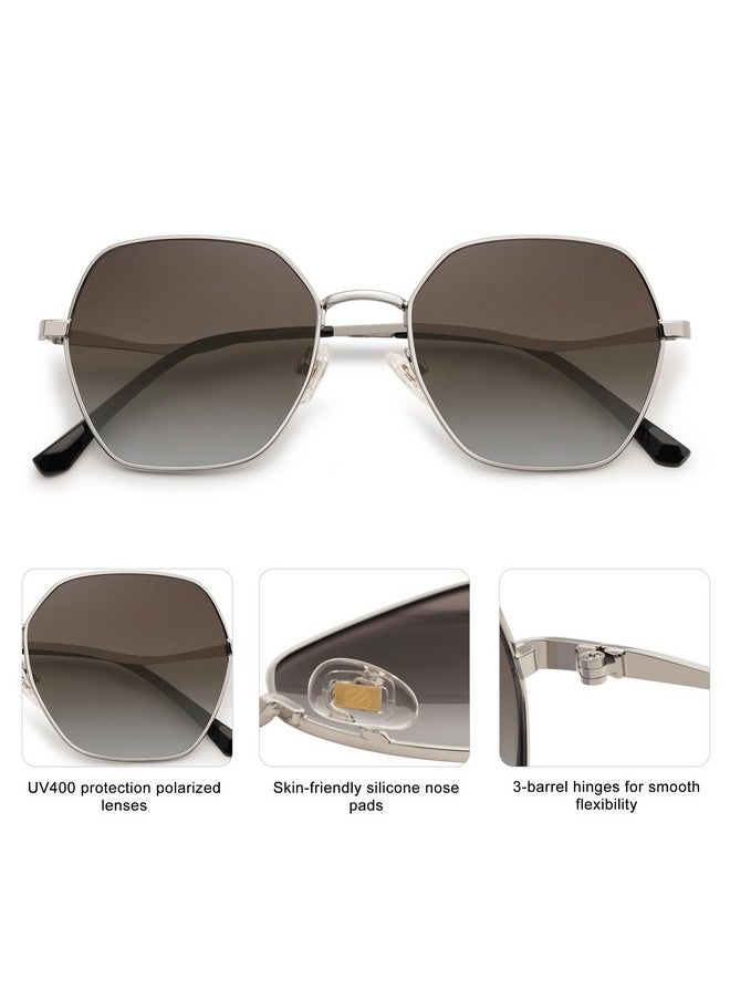 Sojos Hexagon Square Polarized Sunglasses For Women Men Retro Gold Rim Wire Frame Polygon Shades Sj1101, Silver Frame/Brown Grading Lens  - Image 4