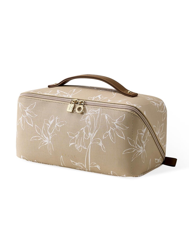 EACHY Travel Makeup Bag, Large Capacity Cosmetic Bags for Women, Waterproof Portable Pouch Open Flat Toiletry Bag Pattern Makeup Bag (F-Brown) - Image 1