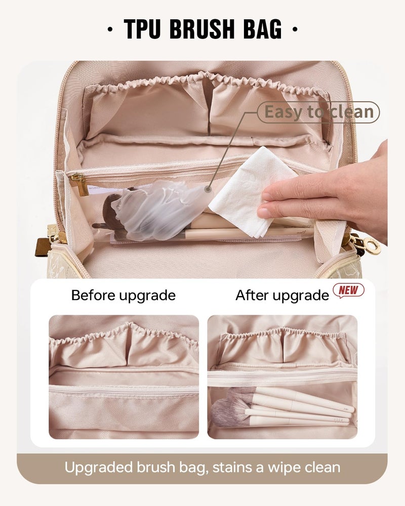 EACHY Travel Makeup Bag, Large Capacity Cosmetic Bags for Women, Waterproof Portable Pouch Open Flat Toiletry Bag Pattern Makeup Bag (F-Brown) - Image 3