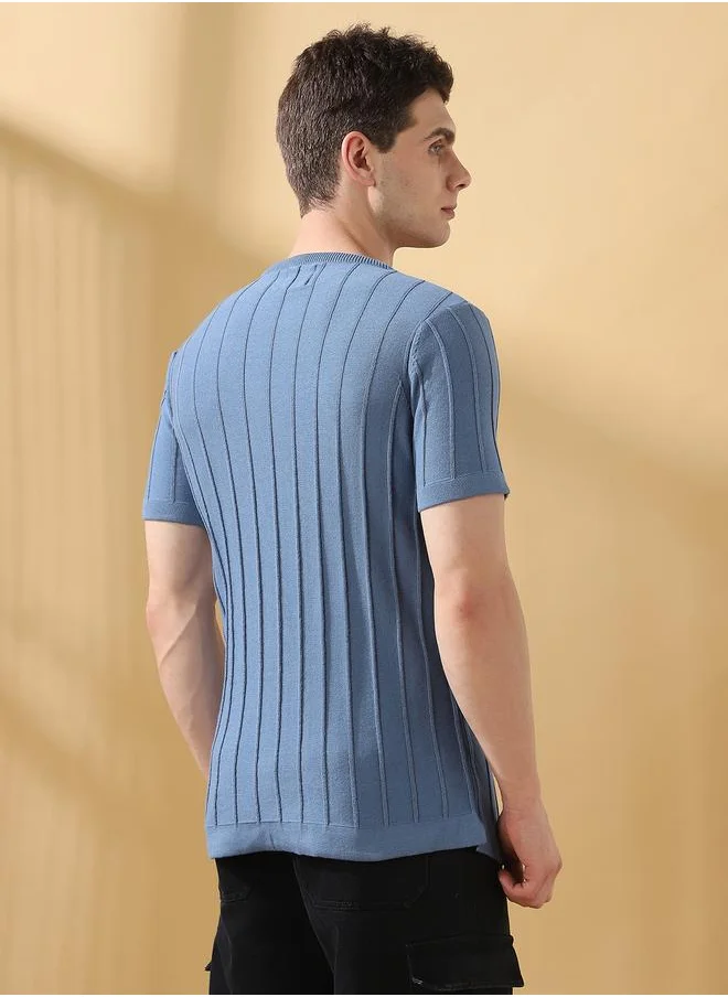 Dennis Lingo Regular Fit Textured Blue Cotton Blend Regular Length Half Sleeves Round Neck Neckline Knitted Weave T-Shirt for Men -designed to keep you ahead in style.