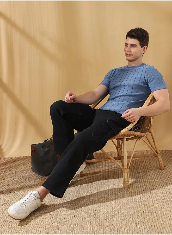 Dennis Lingo Regular Fit Textured Blue Cotton Blend Regular Length Half Sleeves Round Neck Neckline Knitted Weave T-Shirt for Men -designed to keep you ahead in style.