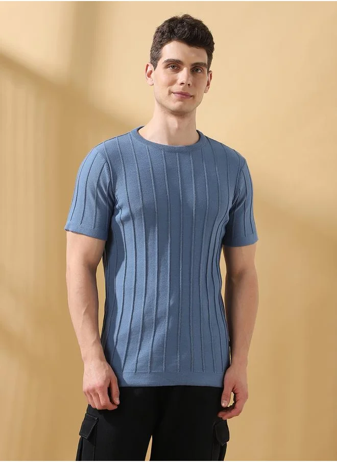 Dennis Lingo Regular Fit Textured Blue Cotton Blend Regular Length Half Sleeves Round Neck Neckline Knitted Weave T-Shirt for Men -designed to keep you ahead in style.