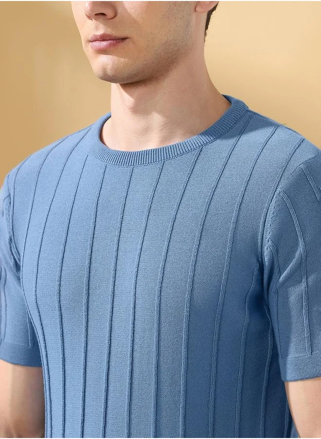 Dennis Lingo Regular Fit Textured Blue Cotton Blend Regular Length Half Sleeves Round Neck Neckline Knitted Weave T-Shirt for Men -designed to keep you ahead in style.