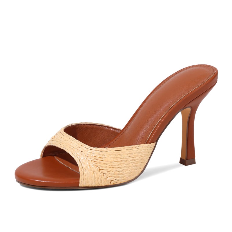 EQAUDES Women's Raffia Woven Heels Sandals Summer Boho Open Toe Slip-On Sandals - Trendy, Beach, Wedding, Vacation, Comfortable, 8 - Image 1