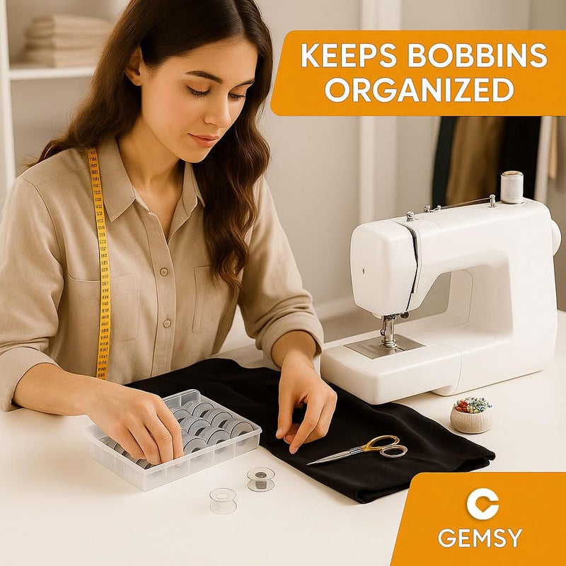 GEMSY عبوة بكرات خياطة شفافة/صافية من 25 مع صندوق: بكرات بلاستيكية، أدوات خياطة - مثالية لآلات الخياطة العادية مثل أوشا، براذر، سنجر، جانومي | صندوق تخزين للبكرات - Image 4