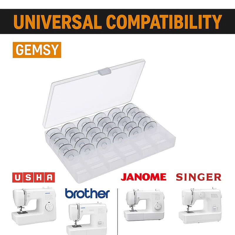 GEMSY عبوة بكرات خياطة شفافة/صافية من 25 مع صندوق: بكرات بلاستيكية، أدوات خياطة - مثالية لآلات الخياطة العادية مثل أوشا، براذر، سنجر، جانومي | صندوق تخزين للبكرات - Image 2