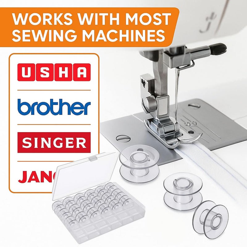 GEMSY عبوة بكرات خياطة شفافة/صافية من 25 مع صندوق: بكرات بلاستيكية، أدوات خياطة - مثالية لآلات الخياطة العادية مثل أوشا، براذر، سنجر، جانومي | صندوق تخزين للبكرات - Image 5