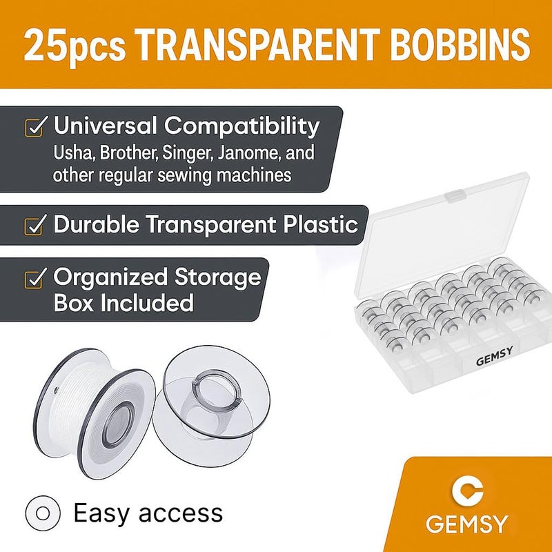 GEMSY عبوة بكرات خياطة شفافة/صافية من 25 مع صندوق: بكرات بلاستيكية، أدوات خياطة - مثالية لآلات الخياطة العادية مثل أوشا، براذر، سنجر، جانومي | صندوق تخزين للبكرات - Image 3
