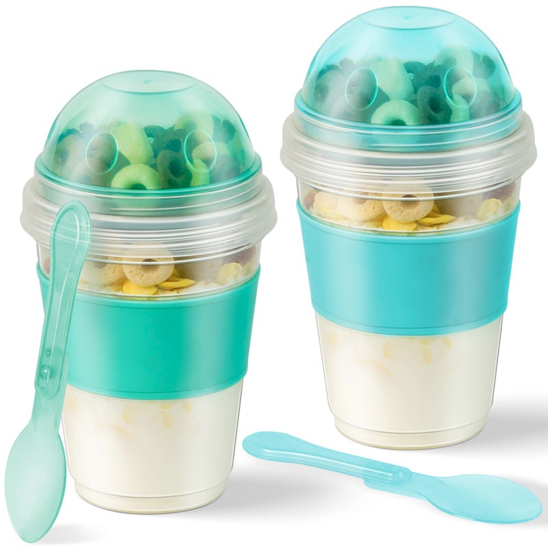 Freshmage Yogurt Parfait Cups with Lids, 2 Pack 20 oz Reusable Overnight Oats Containers with Lids, Topping Compartment & Spoon to Go for Breakfast Meal Prep, Portable & Lightweight (Blue&Green) - Image 1