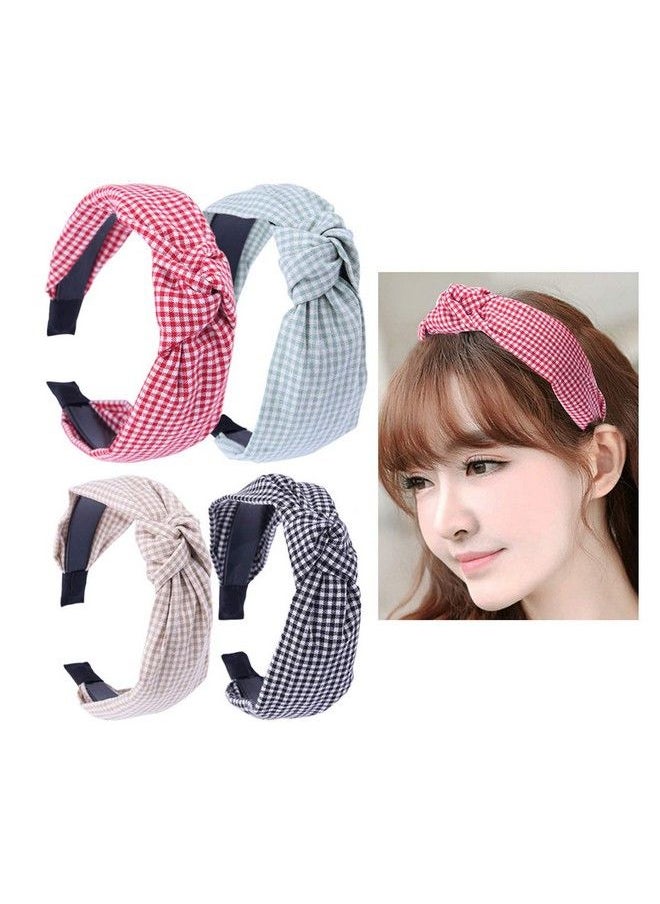Happyupcity 4 Pcs Check Gingham Turban Headbands Lattice Cross Knot Headband Cloth Wrapped Plastic Headwear Hair Bands Hair Hoop Party Favors Hair Accessories For Girls Woman (Color Random)  - Image 2