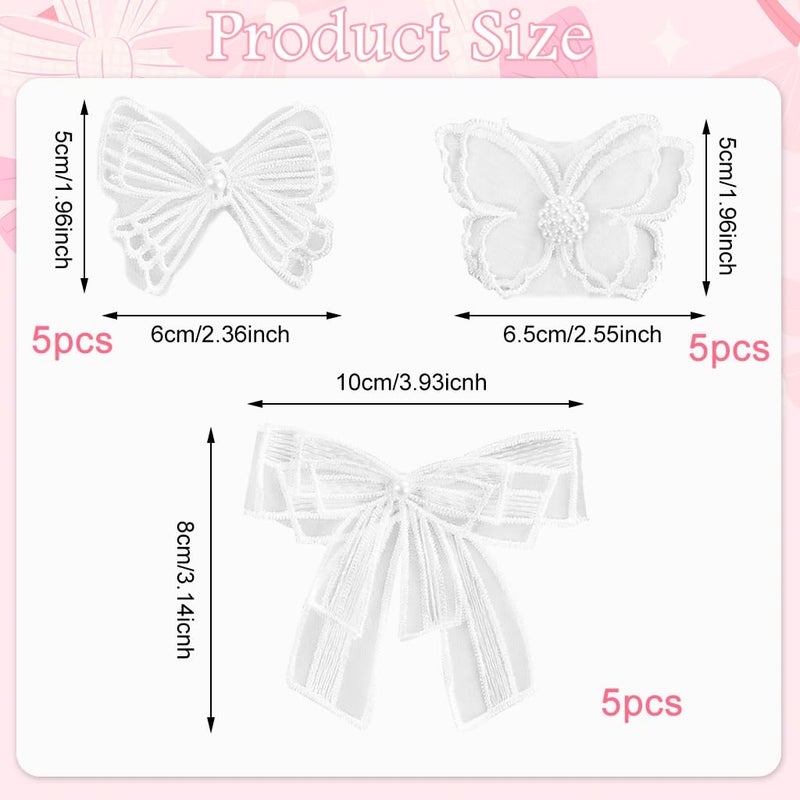 HASTHIP HASTHIP 15Pcs Applique Patches Embroidery Butterfly Decals DIY Crafts White Lace Bow Charms Sheer Sew Iron on Patch for Decorating Wrapping Making Hair Accessory Brides Dress 3 Styles - Image 2