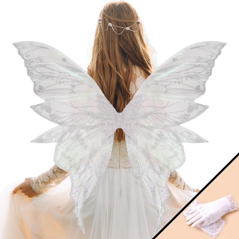 YKW Fairy Wings for Adult Women,31.5"x29" Butterfly Cosplay Wings with Lace Gloves,Organza Costume Wings for Halloween Party (White (White + Silver)) - Image 1