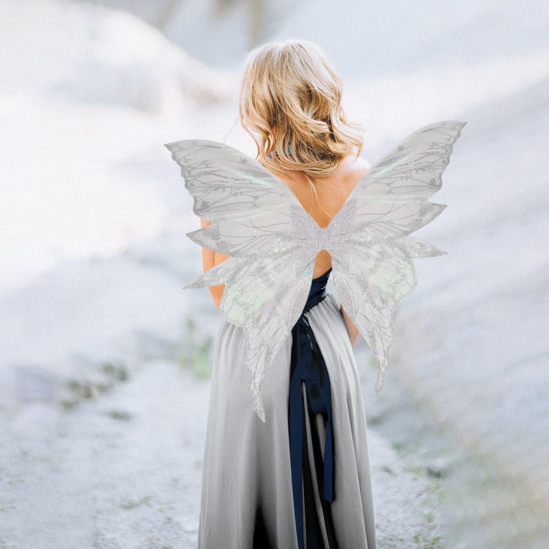 YKW Fairy Wings for Adult Women,31.5"x29" Butterfly Cosplay Wings with Lace Gloves,Organza Costume Wings for Halloween Party (White (White + Silver)) - Image 4