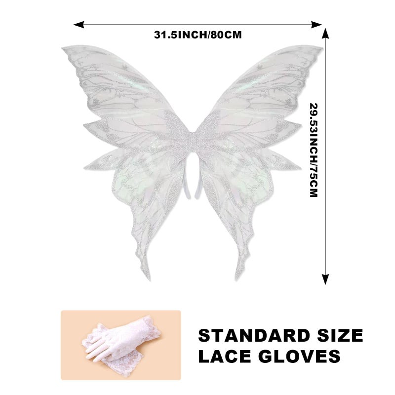 YKW Fairy Wings for Adult Women,31.5"x29" Butterfly Cosplay Wings with Lace Gloves,Organza Costume Wings for Halloween Party (White (White + Silver)) - Image 2