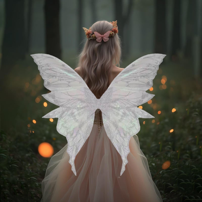 YKW Fairy Wings for Adult Women,31.5"x29" Butterfly Cosplay Wings with Lace Gloves,Organza Costume Wings for Halloween Party (White (White + Silver)) - Image 3