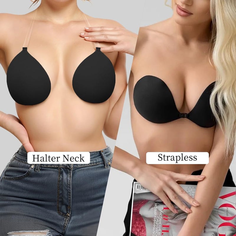 Sexy Code 1701 Invisible Adhesive Push-Up Bra Sticky Strapless Bra with Clear Halter Neck Strap for Backless Dresses/Tops(D413-Black-B - Image 2