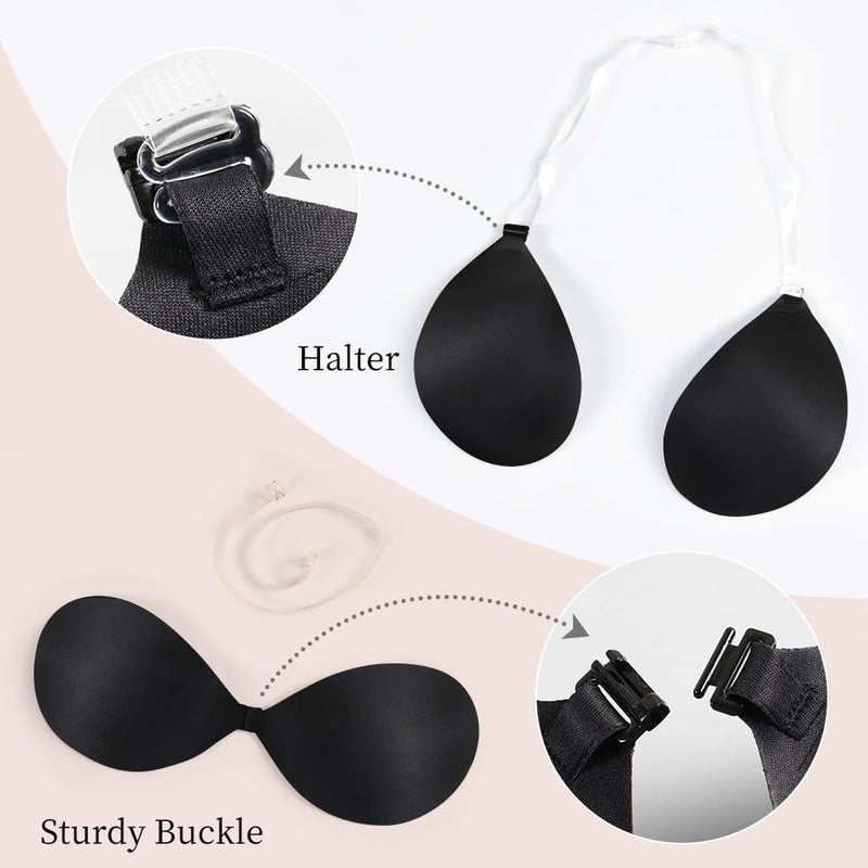 Sexy Code 1701 Invisible Adhesive Push-Up Bra Sticky Strapless Bra with Clear Halter Neck Strap for Backless Dresses/Tops(D413-Black-B - Image 5