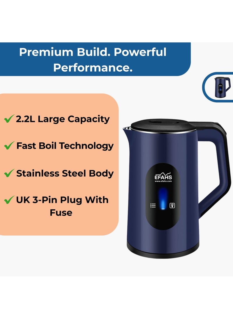 عفہس غلاية كهربائية لاسلكية من EFAHS، غليان سريع، تصميم خفيف الوزن، قاعدة دوّارة 360°، إيقاف تلقائي، حماية من الغليان الجاف، سخان مخفي، سعة 2.2 لتر، قدرة 1500 واط – أبيض لتحضير الشاي الفوري / القهوة / الحساء / سلق البيض - Image 3