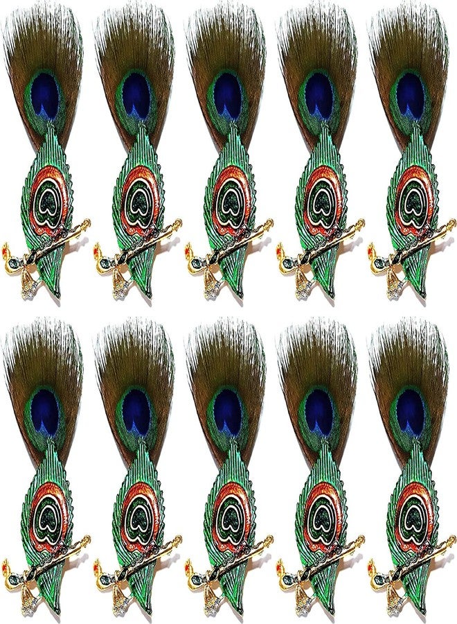 SRC Creations Mor Pankh Bansuri Brooch with Peacock Feather Stylish Lapel Pin pack of 10 pcs (Multicolor) - Image 1