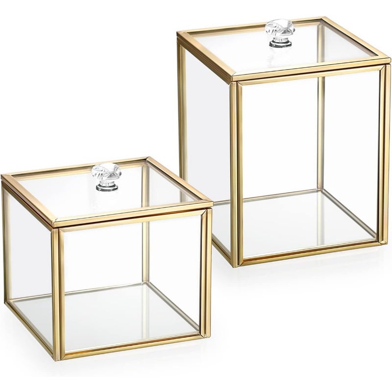 2PCS Glass Qtip Holder, Bathroom Storage Jar Cotton Ball Dispenser Makeup Sponge Holder Gold Bathroom Container Glass Storage Jar for Cotton Balls Makeup Sponges Bath Salts Candles - Image 1