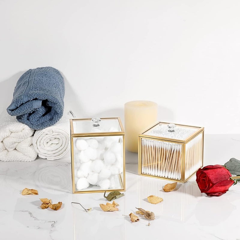 2PCS Glass Qtip Holder, Bathroom Storage Jar Cotton Ball Dispenser Makeup Sponge Holder Gold Bathroom Container Glass Storage Jar for Cotton Balls Makeup Sponges Bath Salts Candles - Image 2