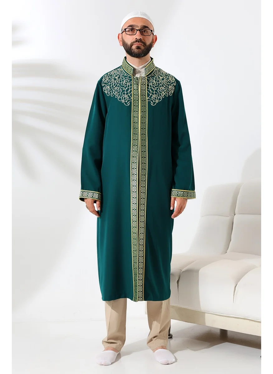 İhvan Online Ihvan Online Green Judge Collar Men's Prayer Dress Stripe Embroidery Imam Robe
