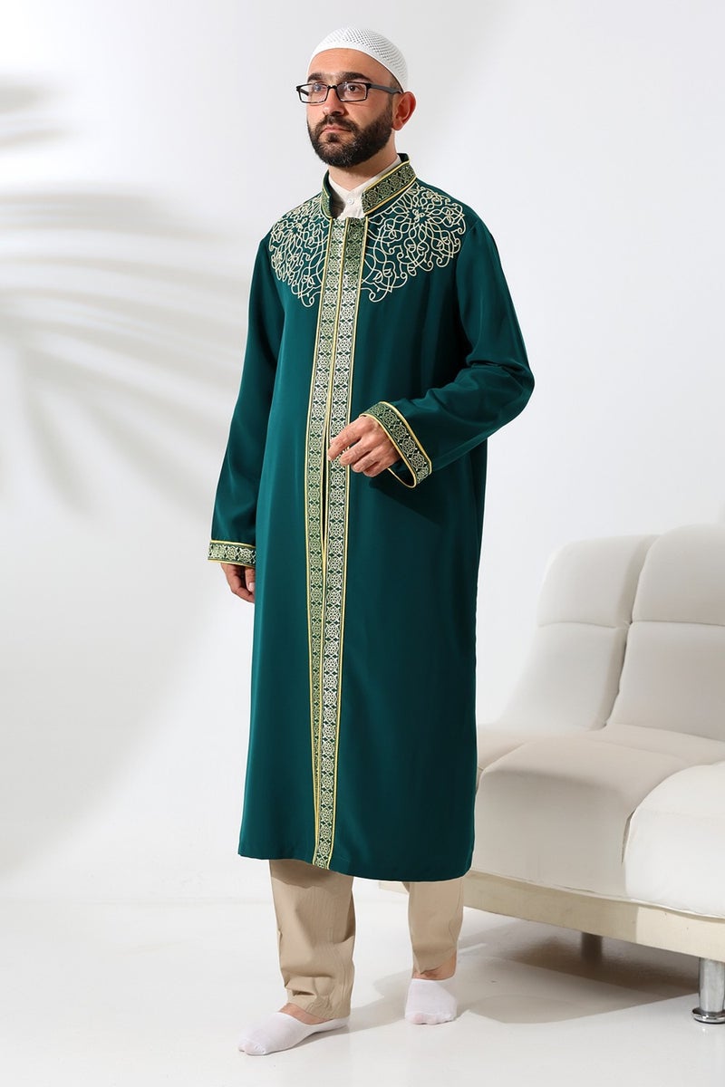 İhvan Online Ihvan Online Green Judge Collar Men's Prayer Dress Stripe Embroidery Imam Robe  - Image 3