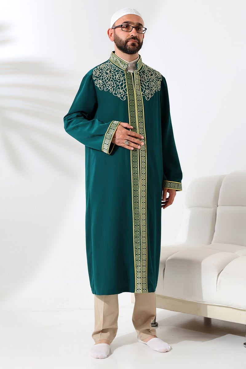 İhvan Online Ihvan Online Green Judge Collar Men's Prayer Dress Stripe Embroidery Imam Robe  - Image 4