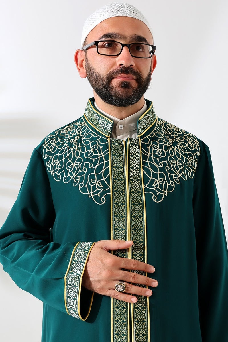 İhvan Online Ihvan Online Green Judge Collar Men's Prayer Dress Stripe Embroidery Imam Robe  - Image 5