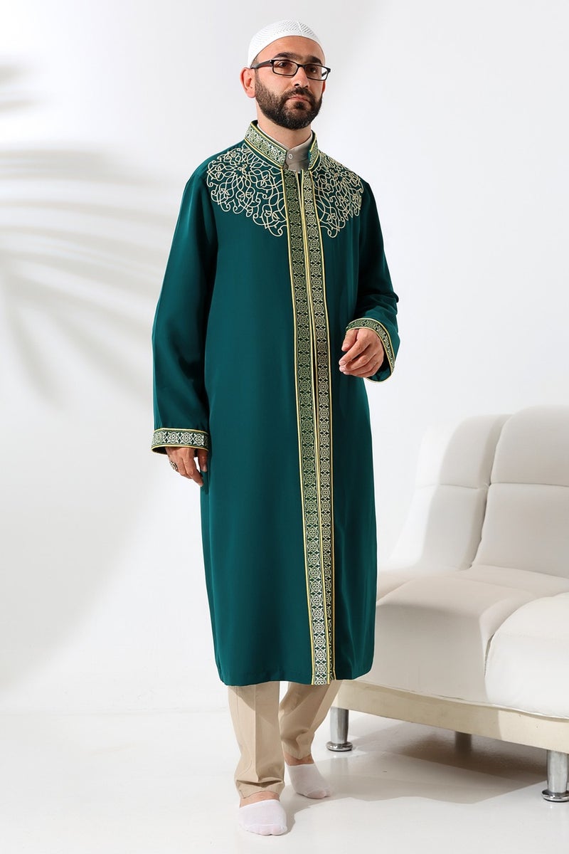 İhvan Online Ihvan Online Green Judge Collar Men's Prayer Dress Stripe Embroidery Imam Robe  - Image 2